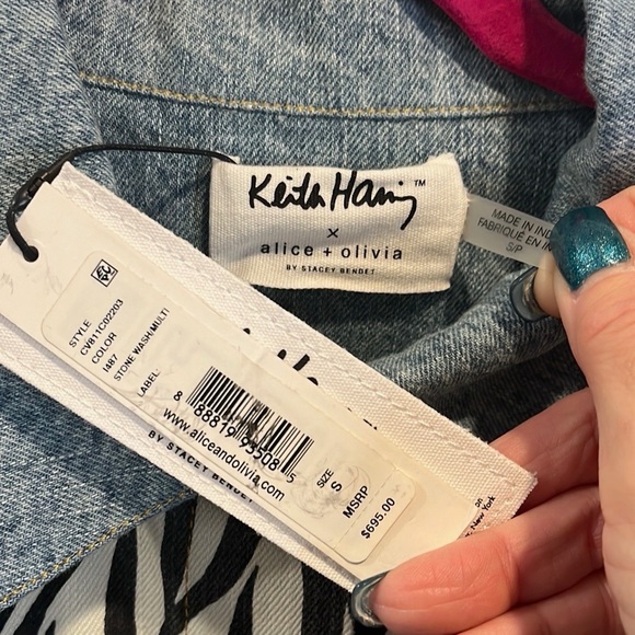 Alice + Olivia x Keith Haring “Rumor” dancing man denim jean jacket S NWT - Picture 5 of 6
